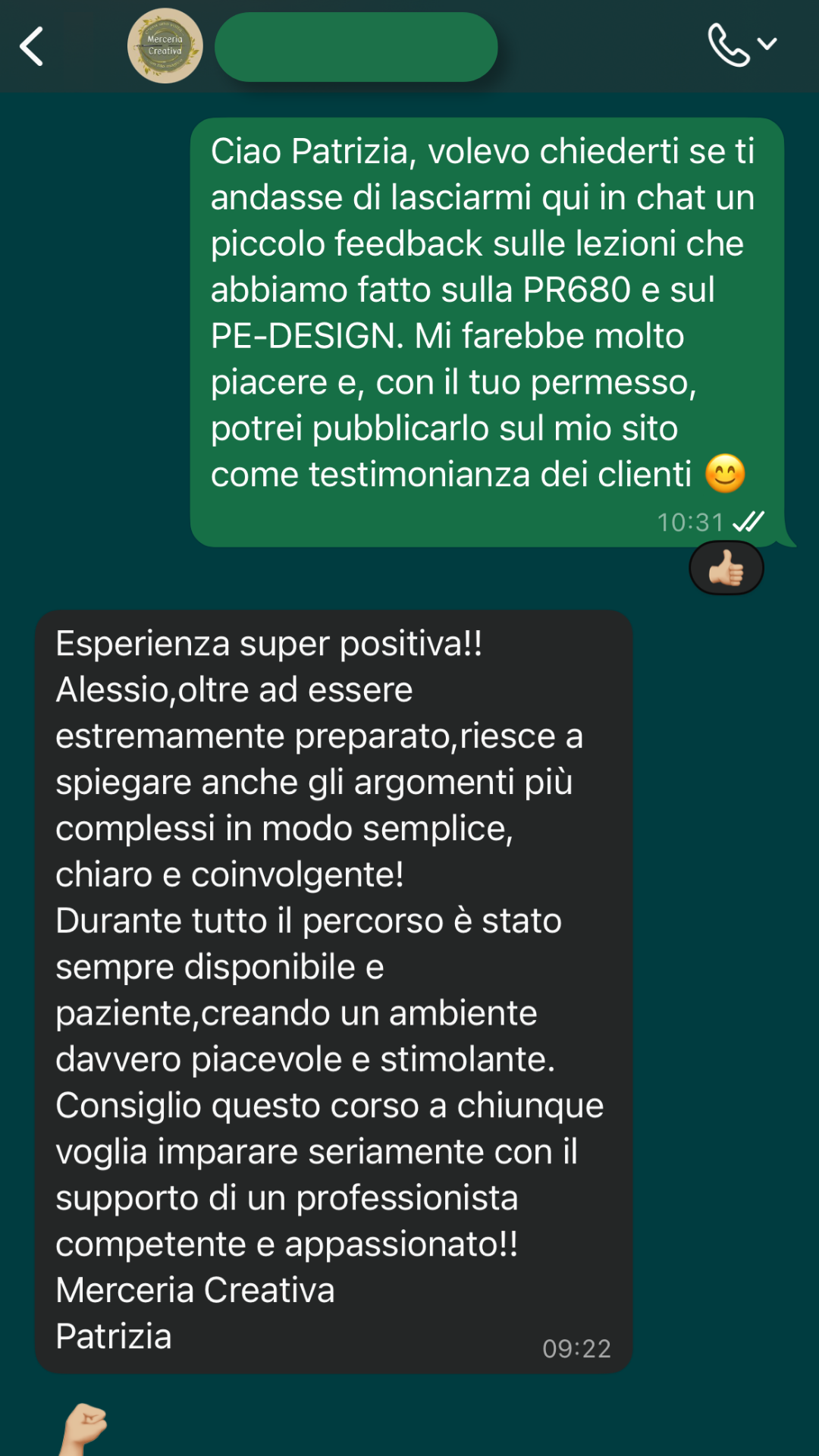 Recensione Alessio Solazzi 2 Recensione positiva del servizio di lezioni personalizzate sulla ricamatrice